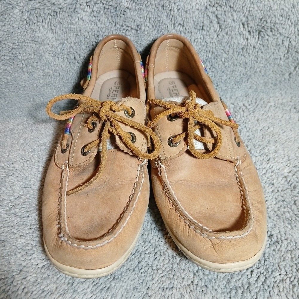 Sperry Women's Firefish Boat Shoes Size 7.5 M, Tan Leather With Rainbow Laces